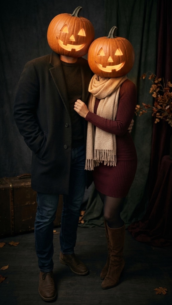 Result: Couple photo – both heads become pumpkins
